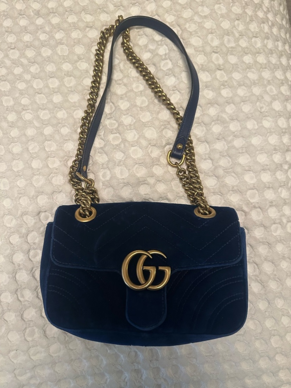 Gucci Navy Velvet Shoulder Bag with Gold Hardware